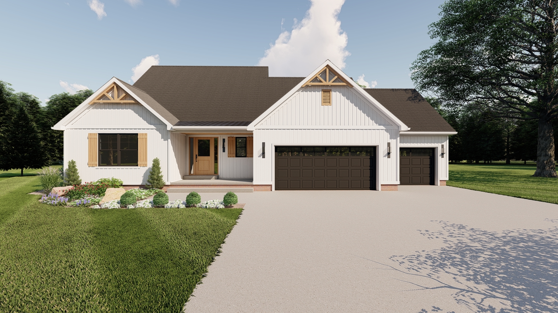 Hogan modern farmhouse single story home exterior, 3 bed 2.5 bath 1750 sq ft